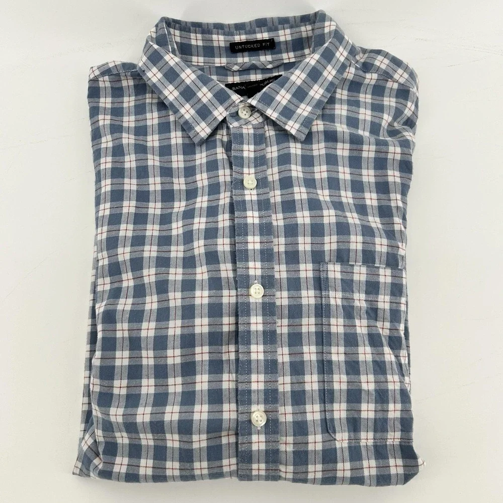 Banana Republic Shirt‎ XL Untucked Fit Blue Plaid Button Up Preppy Casual